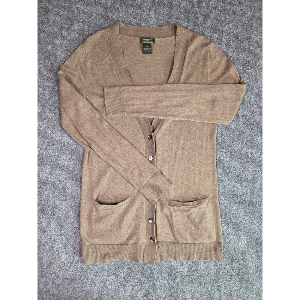 Eddie Bauer Cardigan Sweater Womens M Tan Brown Cotton Cashmere V-Neck Pocket